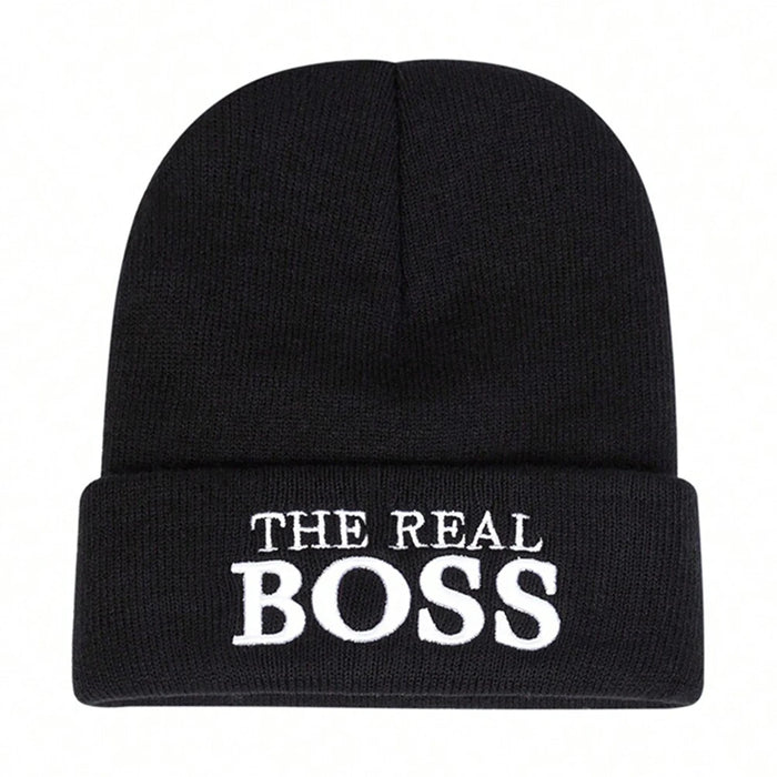 Unisex The Real Boss Embroidered Beanie Hat Autumn Winter Warm Cap For Women Men