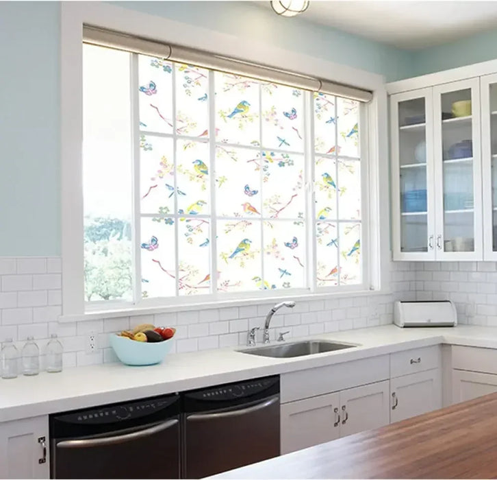Frosted Glass Film For Home Bathroom Office - Static Cling Non-Adhesive Stained Glass Window Stickers With Bird Design