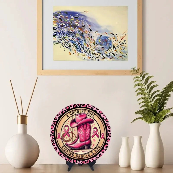 Breast Cancer Awareness Sign Country Girl Kickin' Cancer Pink Cowboy Boot & Hat