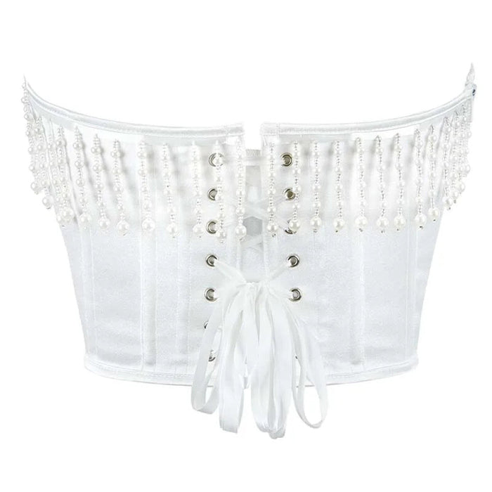 White Lace-Up Fishbone Corset For Women Strapless Wedding Bustier With Tassel Detail