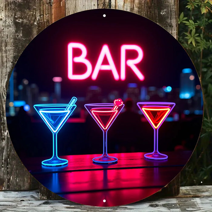 Retro Neon Cocktail Bar Sign City Skyline Metal Art For Home Pub & Cafe