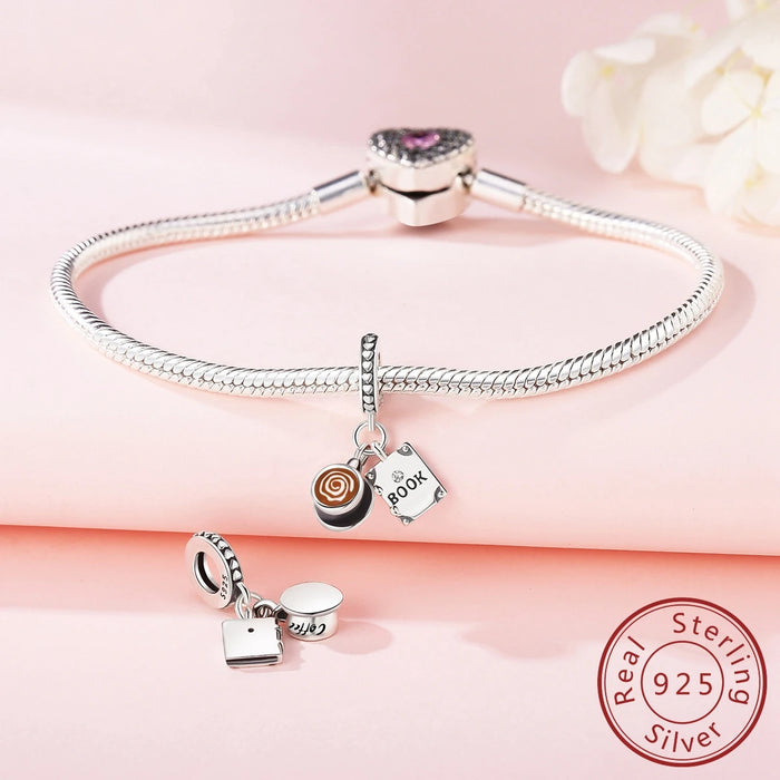 925 Sterling Silver Coffee Cup Book Pendant Fits Bracelet Women Diy Gift