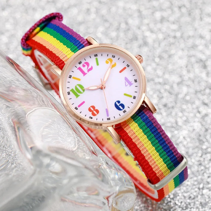 Colourful Rainbow Canvas Strap Mens Watch Set