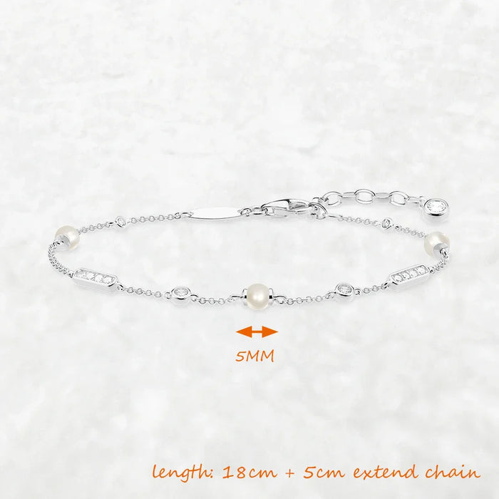 925 Sterling Silver Freshwater Pearl & White Stone Bracelet Fine Jewelry For Women