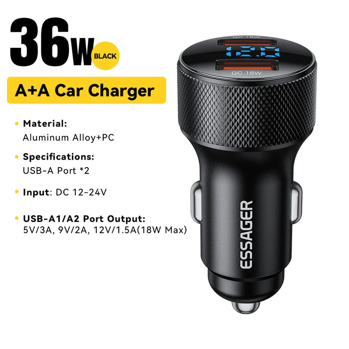 Usb C Car Charger 45W 2 Ports Pd3.0 Qc3.0 Digital Display Car Phone Charger For Iphone 16 15 Xiaomi Huawei Samsung Oppo