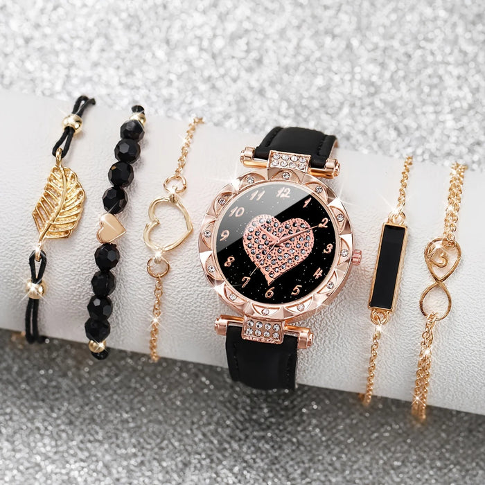 6 Piece Heart Rhinestone Watch Bracelet Set