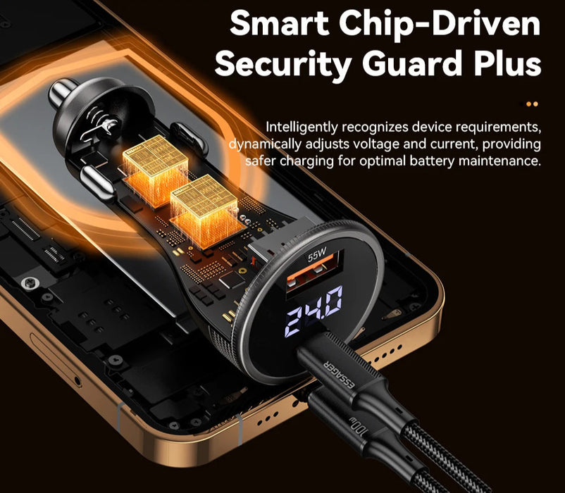 100W Usb C Car Charger Pd3.0 Fast Charging Quick Charge 4.0 Adapter For Iphone 16 Macbook Xiaomi Laptop Digital Dispaly