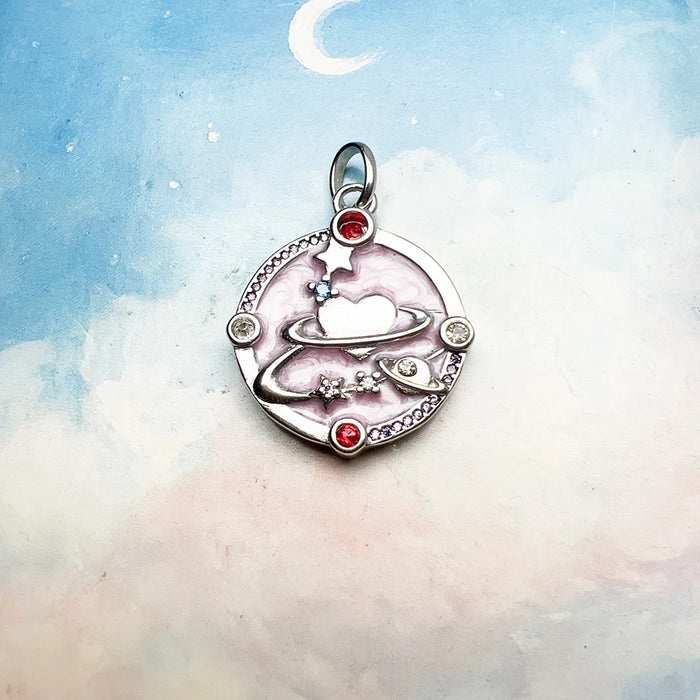 925 Sterling Silver Romantic Pink Heart Planet Pendant Jewelry For Women
