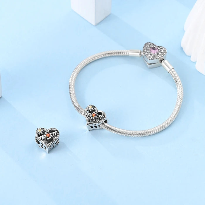 925 Sterling Silver Sunflower Mother Love Charm Fits Bracelets Gift For Women