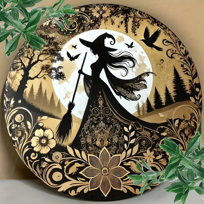 8X8 Inch Gothic Witch Metal Sign Circular Flower Wreath Decor