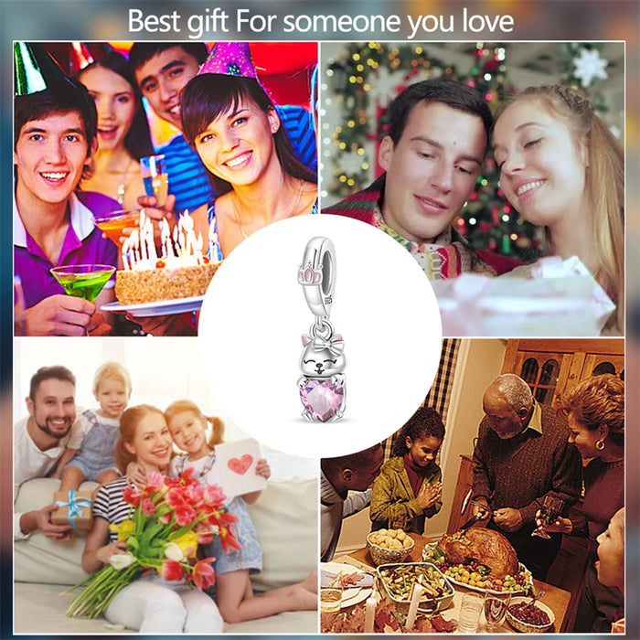 925 Sterling Silver Pink Cat Charm Pendant For Women Bracelet Diy Gift