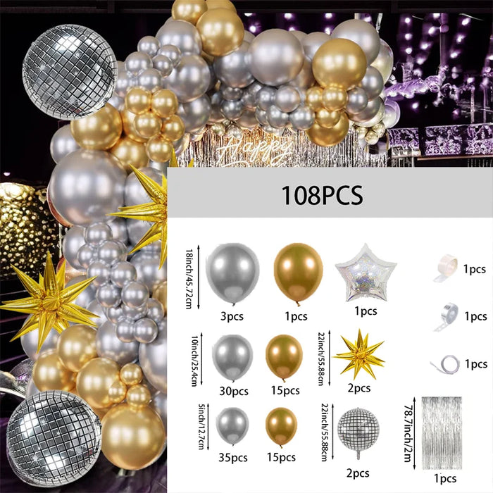 108Pcs Silver And Gold Latex Balloon Metal Balloon Arch Kit For Disco Parties Birthday Parties Graduation Ceremony Decorations