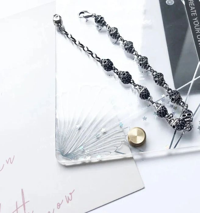 925 Sterling Silver Black Stone Skulls Bracelet Punk Jewelry For Women & Men