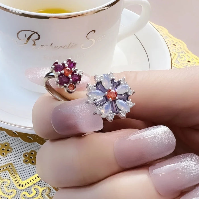 925 Sterling Silver Colourful Stone Flower Ring Romantic Gift Bohemian Jewelry For Women
