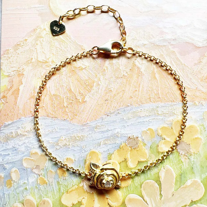 925 Sterling Silver Romantic Gift Rose Flower Bracelet White Stones