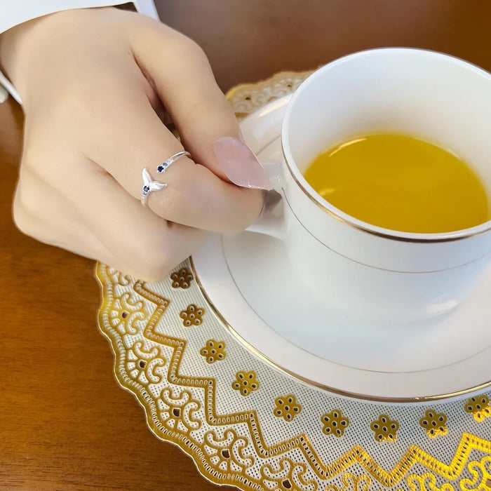 925 Sterling Silver Blue Stone Dolphin Tail Fin Ring Europe Style Cheerful For Women