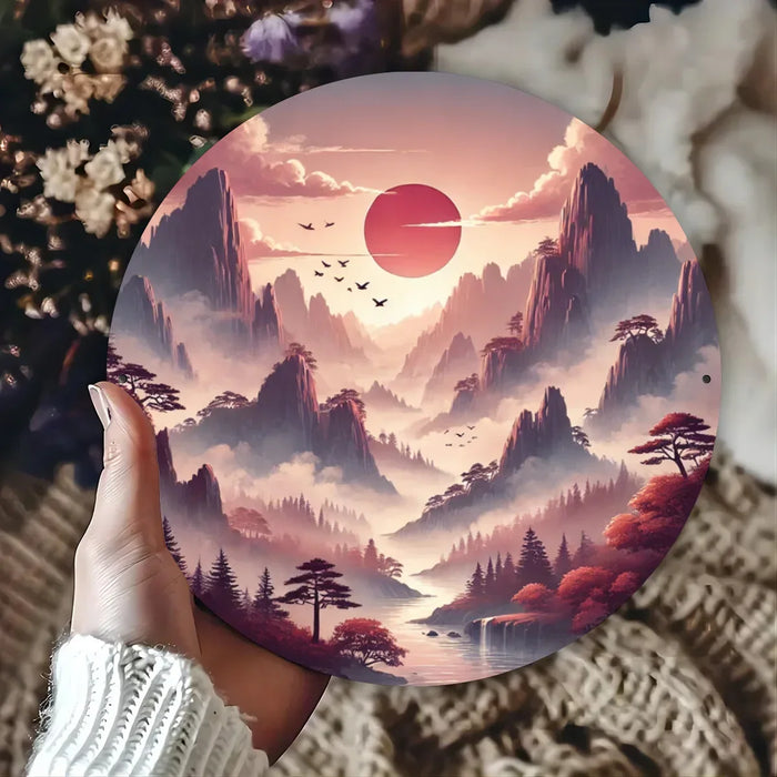 Round Tin Wall Art Mountain & Birds Landscape
