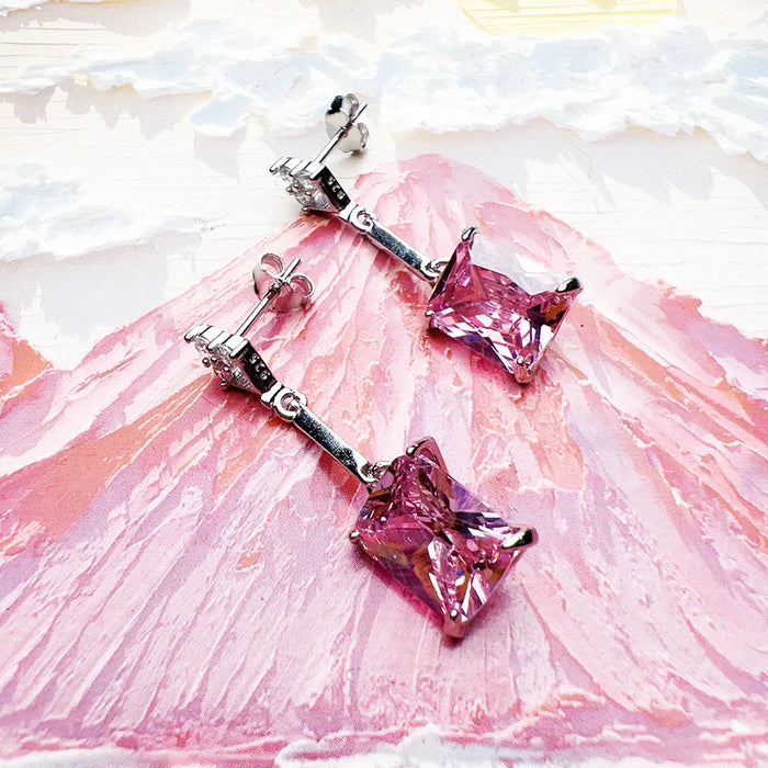 925 Sterling Silver Stylish Pink Stone Drop Earrings For Women