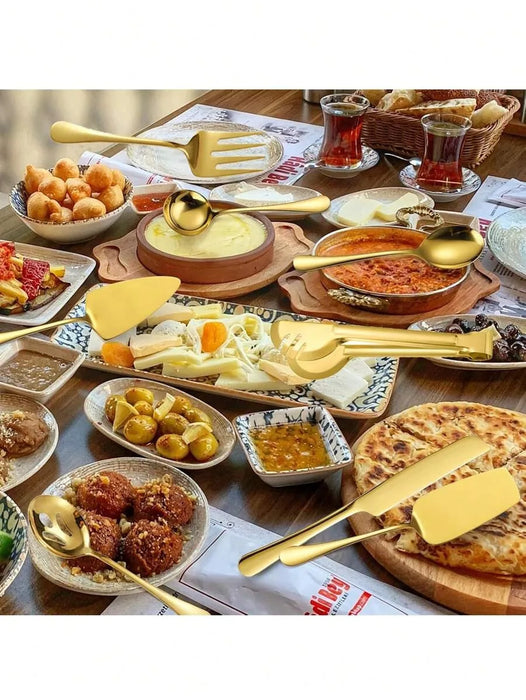 1 / 8 Piece Gold Stainless Steel Cutlery Set With Serving Utensils