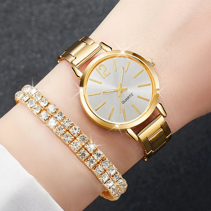 6 Piece Fashion Steel Band Quartz Watch Set Diamond Bracelets - Without Box