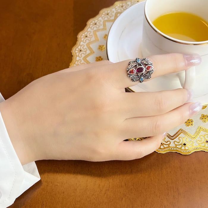 925 Sterling Silver Bohemian Dragonfly Ring Handcrafted Colourful Jewelry Happy For Women