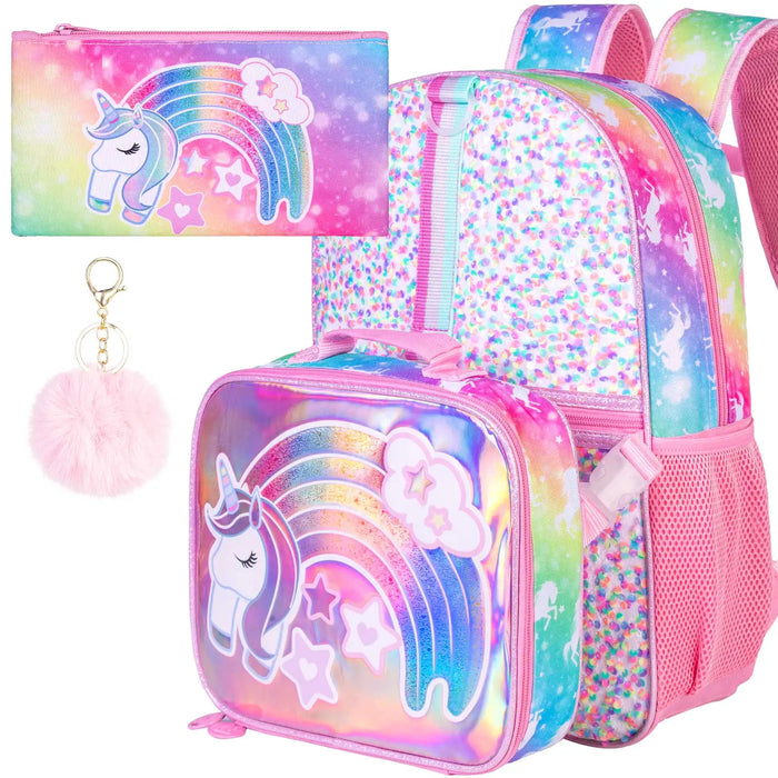 3 Piece Unicorn Backpack Set 16 Sequin Bookbag Lunch Box For Girls