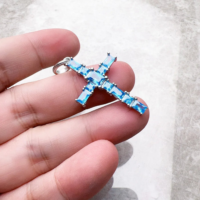 925 Sterling Silver Aquamarine Cross Pendant Romantic Gift For Her