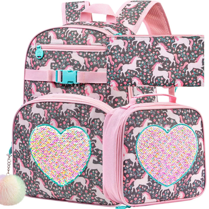 3 Piece Unicorn Backpack Set For Girls 16 Bookbag Lunch Box Sequin Design