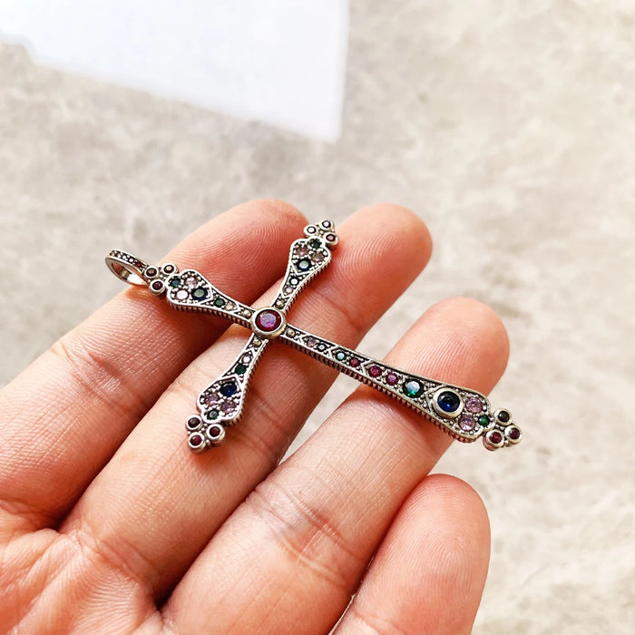 925 Sterling Silver Bohemian Cross Pendant Colourful Victorian Jewelry For Women