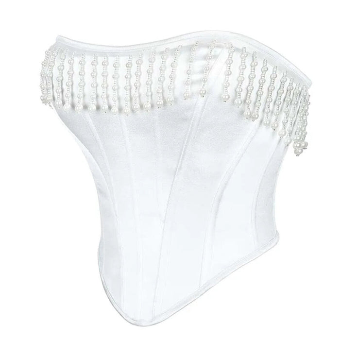 White Lace-Up Fishbone Corset For Women Strapless Wedding Bustier With Tassel Detail