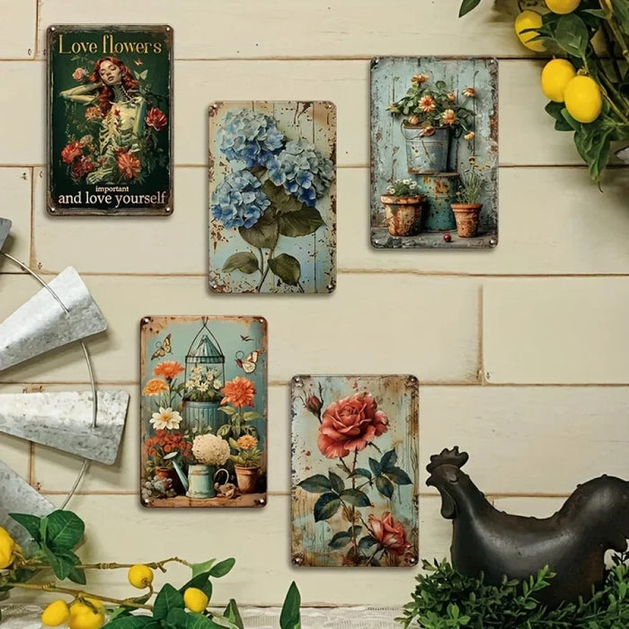 5-Piece Flower Tin Sign Set For Retro Shabby Chic Wall Decor