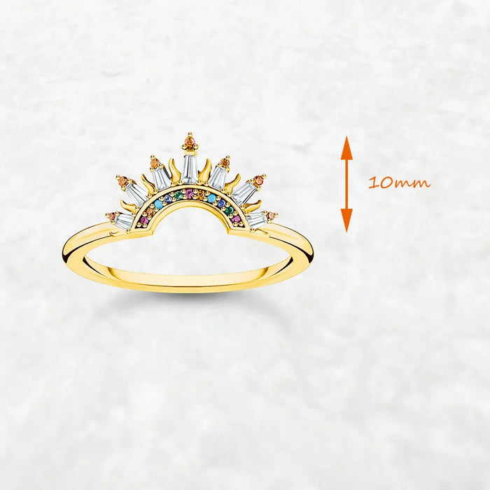 925 Sterling Silver Boho Sun Beams Ring Gold Plated Colourful European Fine Jewelry For Women