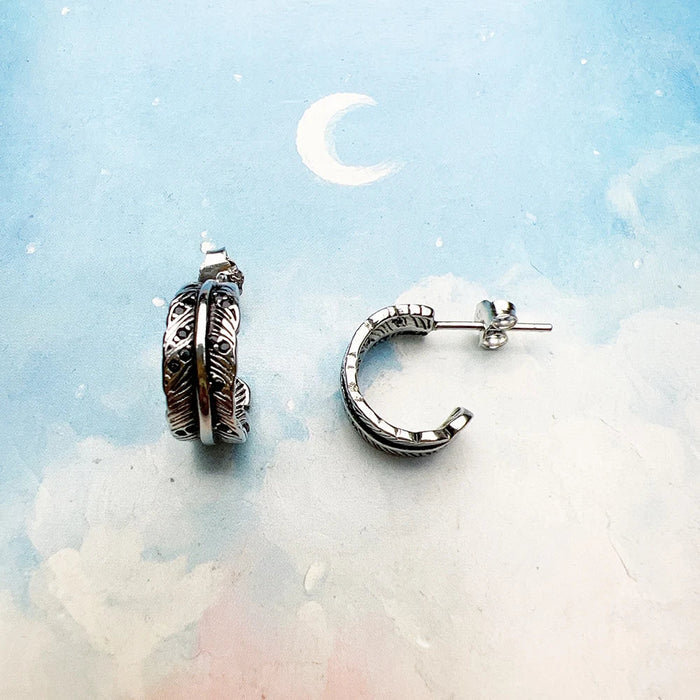 925 Sterling Silver Vintage Feather Hinged Hoop Earrings