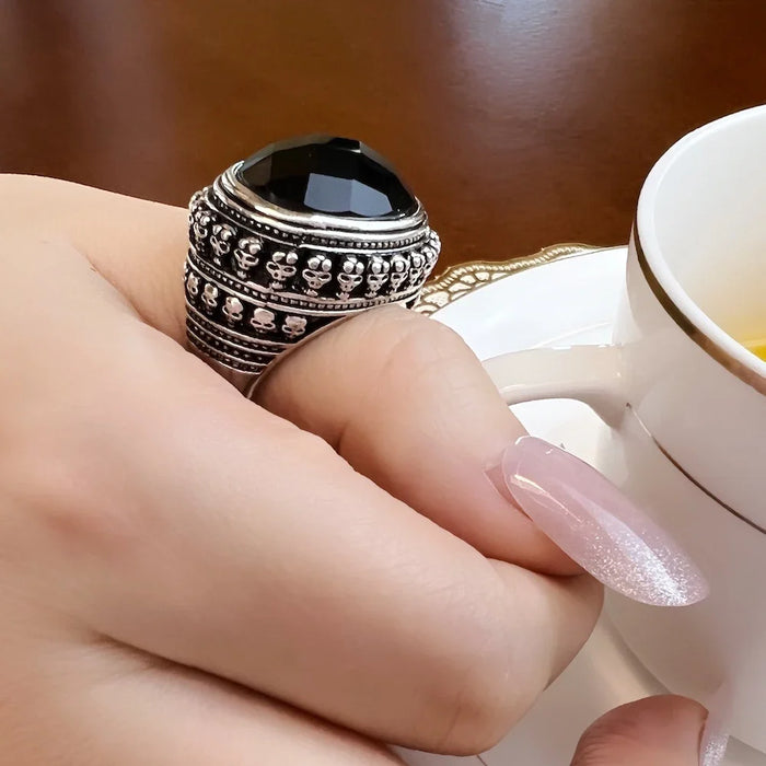 925 Sterling Silver Black Oval Cz Skull Skeleton Cocktail Ring Men & Women