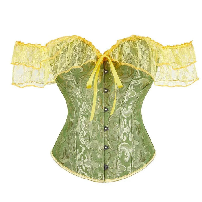 Brown Steampunk Corset With Front Busk Closure Floral Lace And Puff Sleeves