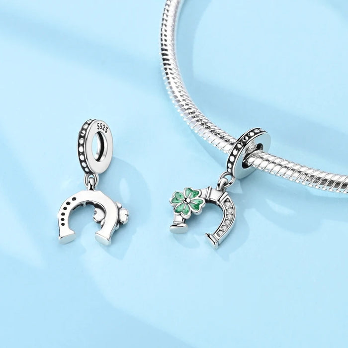 925 Sterling Silver Clover & Horseshoe Pendant Charms Fits Bracelet / Necklace Diy Gift For Women