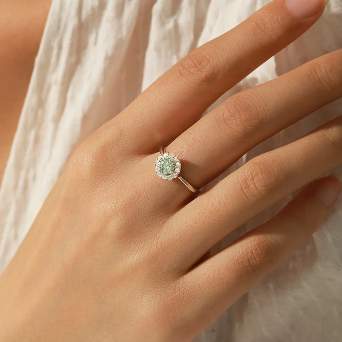 925 Sterling Silver Green Teal Moissanite Halo Ring