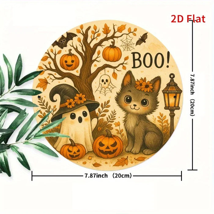 Vintage Round Iron Sign Cozy Halloween & Christmas Scene With Ghosts And Puppy