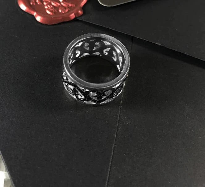 925 Sterling Silver Black Arabesque Hearts Band Ring European Style Women Jewelry