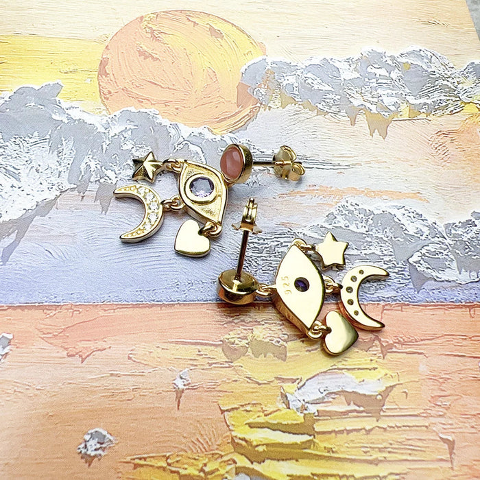 925 Sterling Silver Boho Cosmic Talisman Earrings Eye Star Moon Heart Drops European Style Fine Jewelry For Women