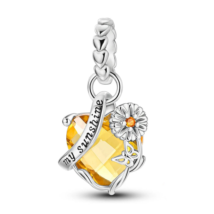 925 Sterling Silver Sunflower Charm Pendant Yellow Gemstone Fits Bracelet Diy Gift