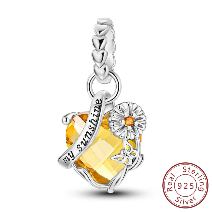 925 Sterling Silver Sunflower Charm Pendant Yellow Gemstone Fits Bracelet Diy Gift