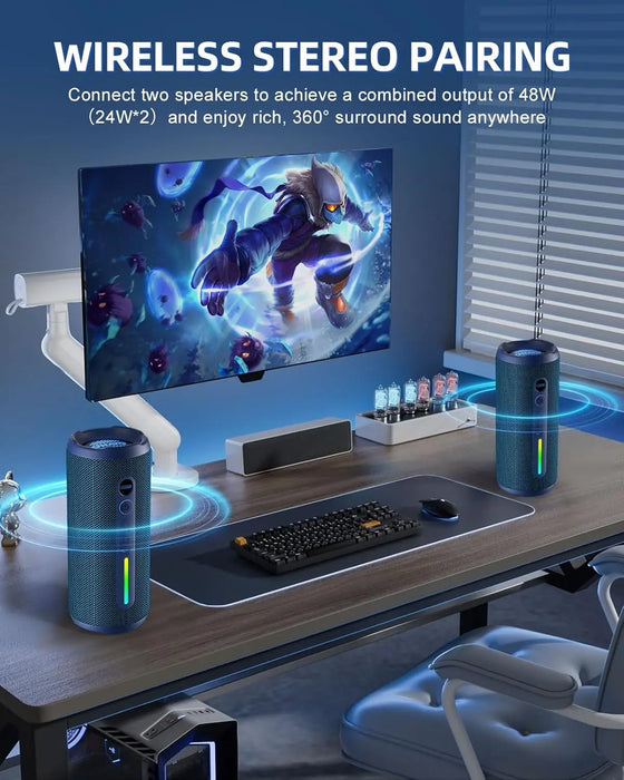 Waterproof Bluetooth Speaker With Lights 24W Stereo Sound