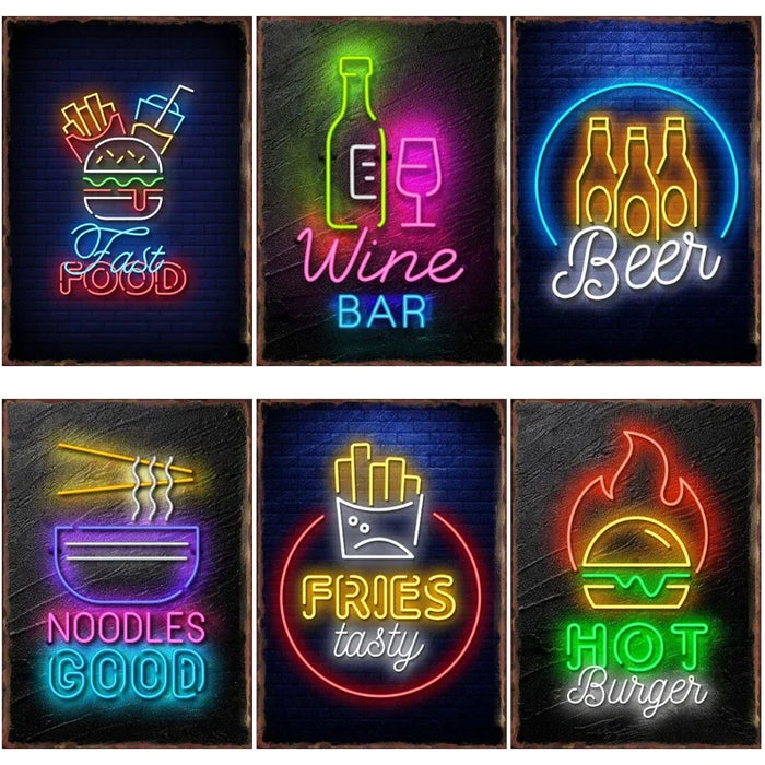Retro Neon Food Sign Fast Food French Chips Fine Wine Coffee Shop Art