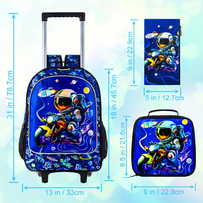 3 Piece Astronaut Rolling Backpack For Boys Water Resistant Uv Printed Fits Kids School Travel