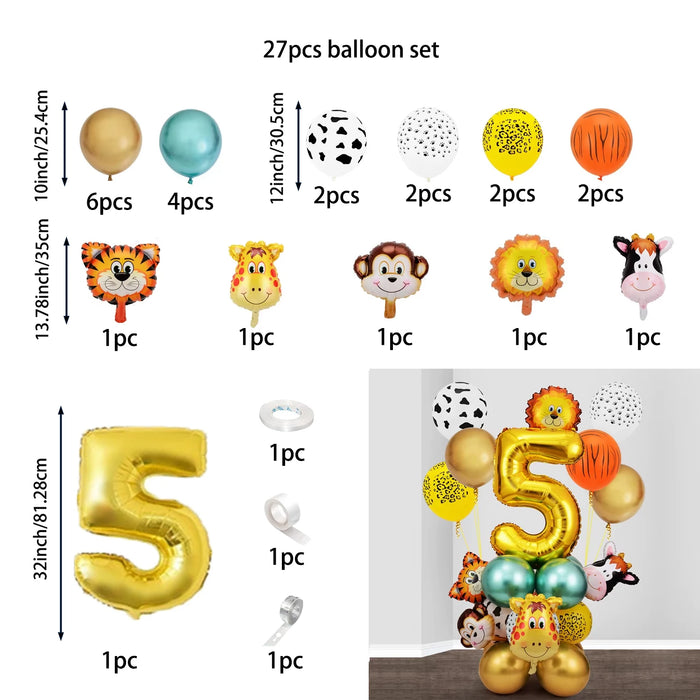 27Pcs Animal Balloons Gold Digital Balloons Jungle Animal Themed Birthday Party Decorate Anniversary Party