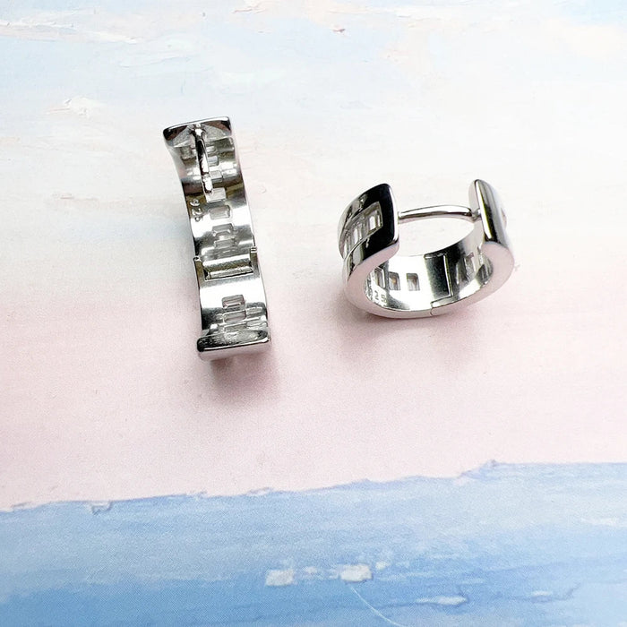 925 Sterling Silver White Stone Pave Creole Hoop Earrings For Women