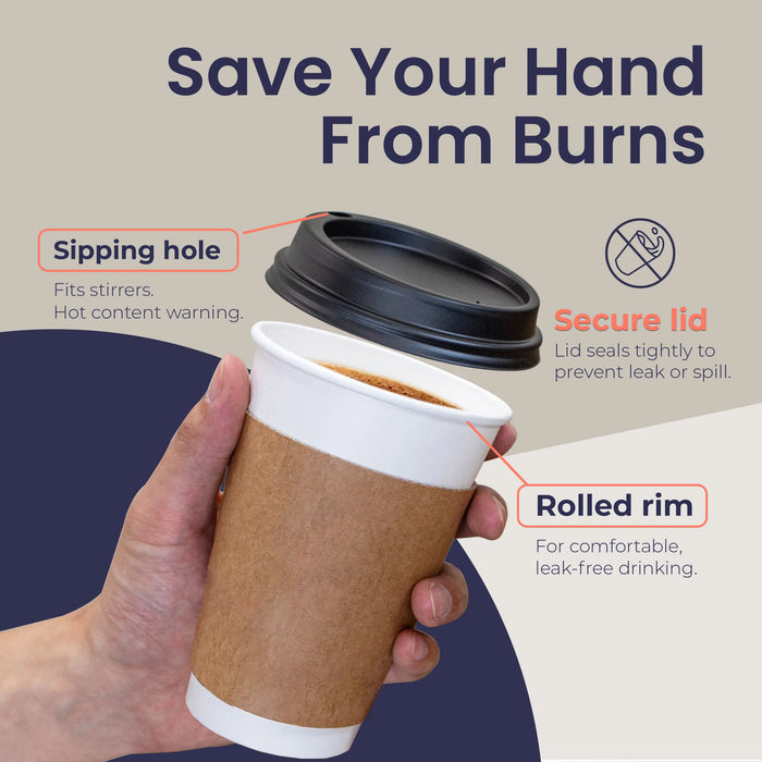 50 Pack 8 / 16Oz Eco Friendly Disposable Coffee Cups With Lids & Sleeves For Hot / Cold Drinks