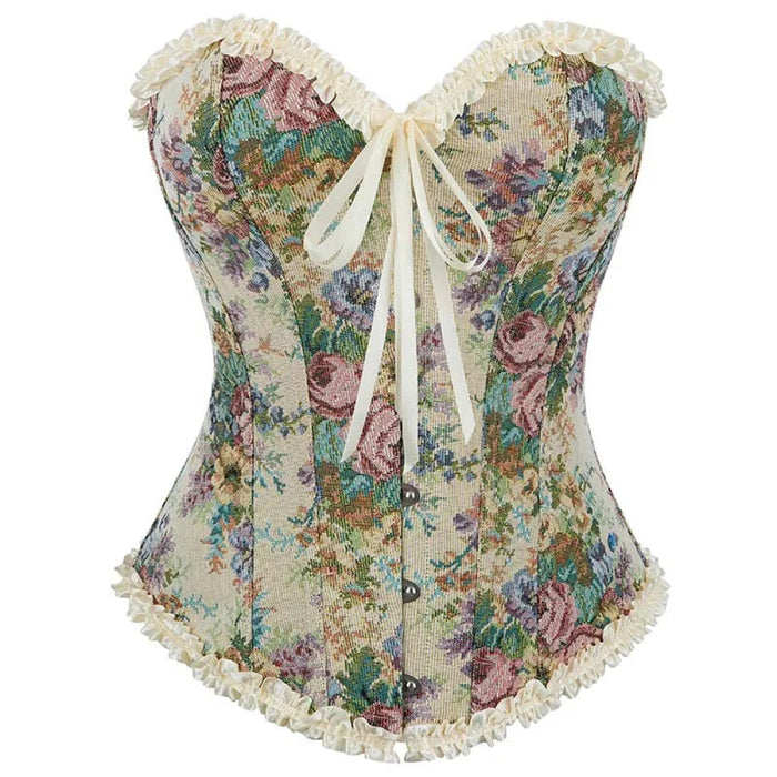 Floral Lace Trim Overbust Corset Women 1920S Retro Bustier With Boning And Front Busk Closure