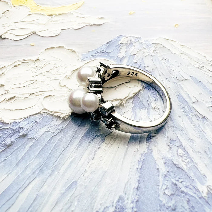 925 Sterling Silver White Stone & Freshwater Pearl Ring Europe Style For Women